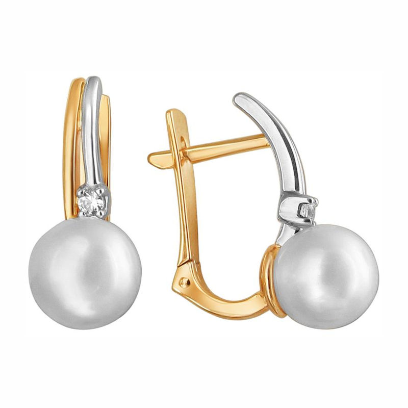 Серьги из красного золота 585 пробы с жемчугом и фианитами 01С3111860-1