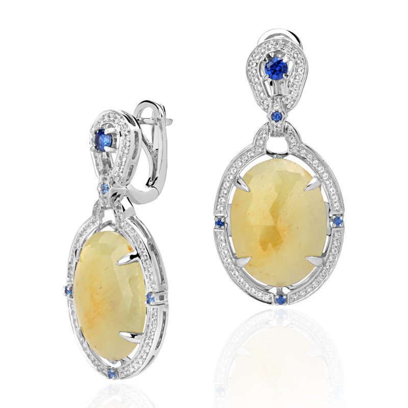 Серьги из белого золота 585 пробы с топазами, корундами и сапфирами 01С5213013-3 Серьги из белого золота 585 пробы с топазами, корундами и сапфирами 01С5213013-3