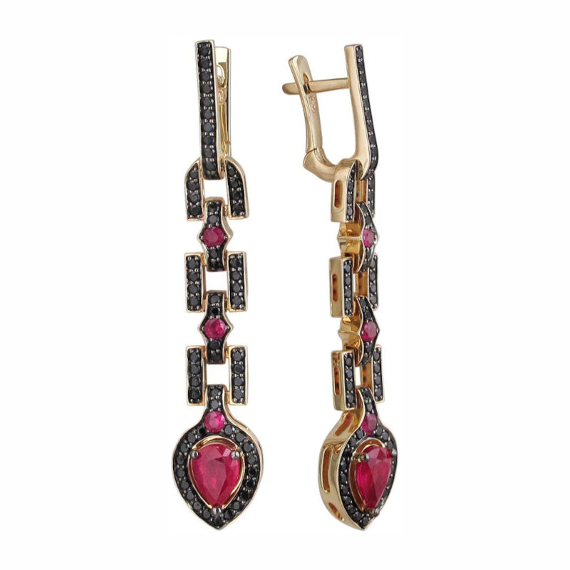 Серьги из желтого золота 585 пробы с рубинами и шпинелью 01С5311606-2 Серьги из желтого золота 585 пробы с рубинами и шпинелью 01С5311606-2