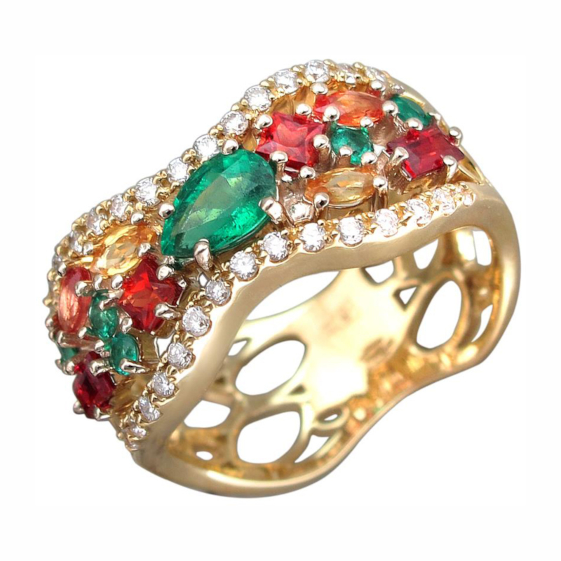 Кольцо из комбинированного золота 750 пробы с сапфирами, изумрудами и бриллиантами 01К684360-3