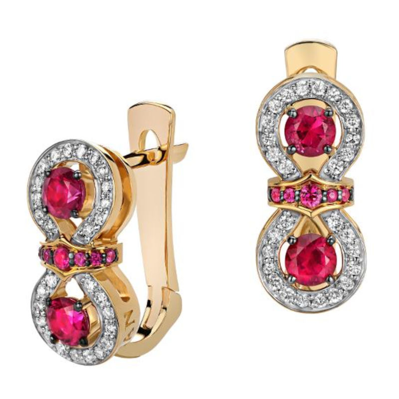 Серьги из желтого золота 750 пробы с рубинами и бриллиантами 01С647818-3