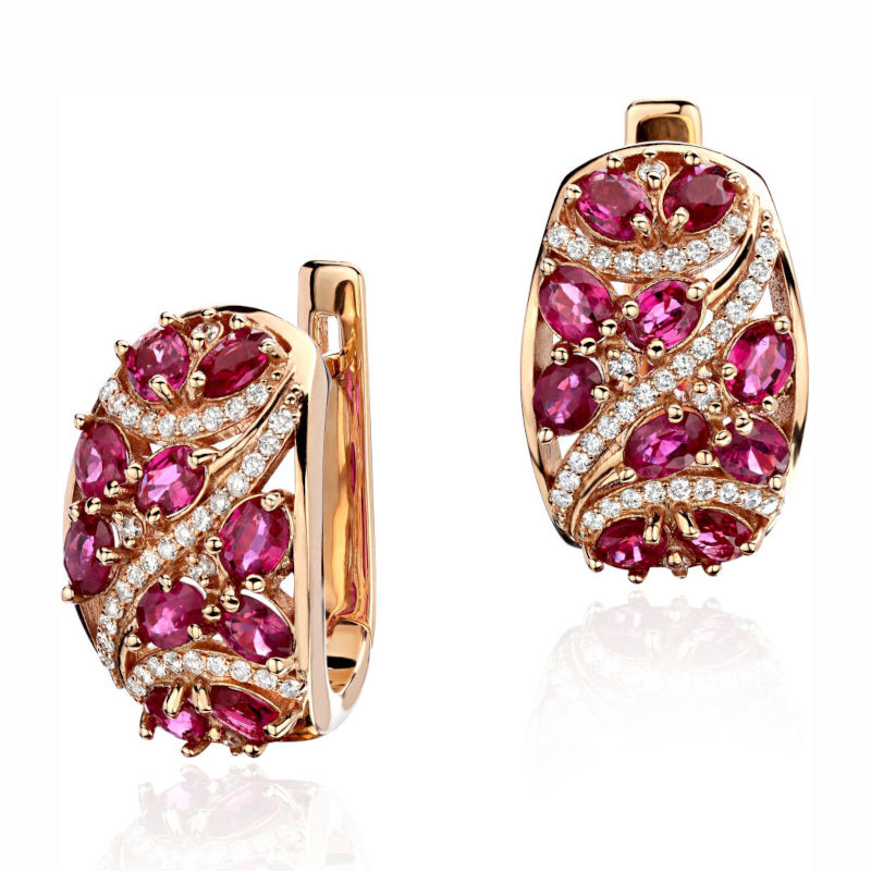 Серьги из красного золота 585 пробы с рубинами и бриллиантами 01С613348-3 Серьги из красного золота 585 пробы с рубинами и бриллиантами 01С613348-3