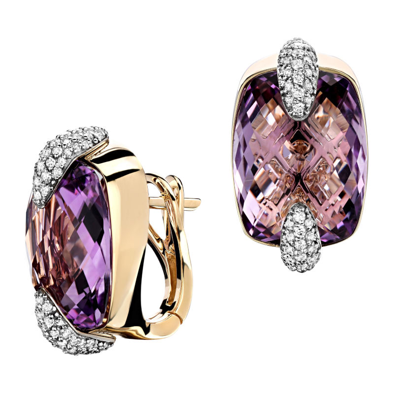 Серьги из комбинированного золота 585 пробы с аметистами и бриллиантами 01С6614102Ж-1