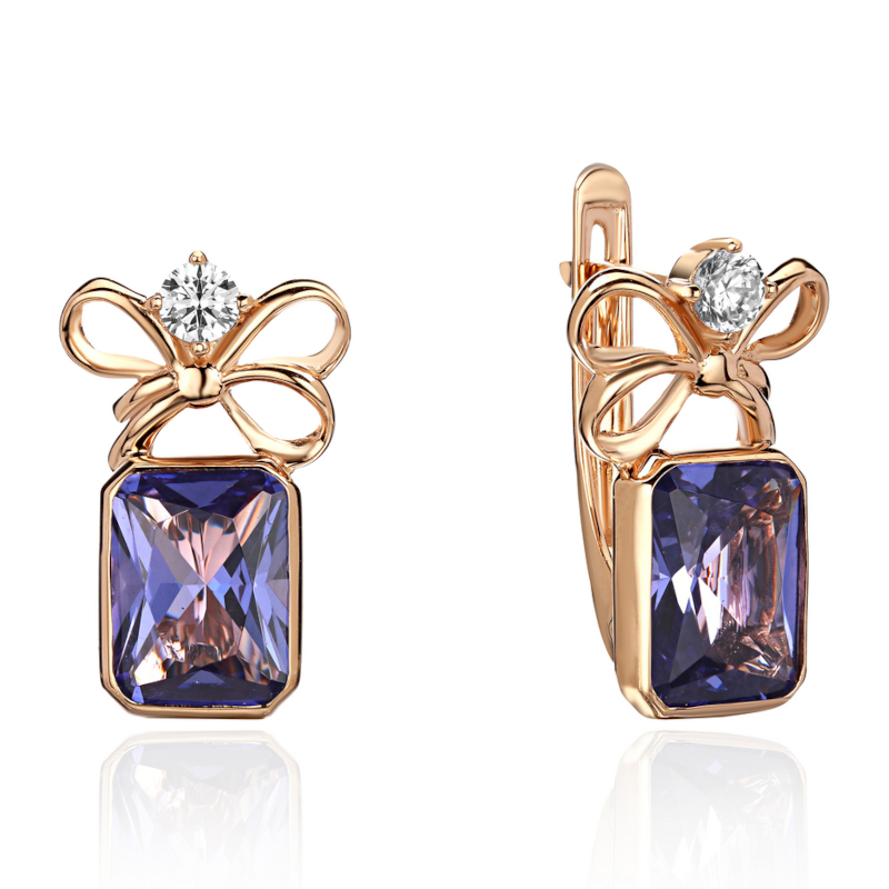 Серьги из красного золота 585 пробы с наноситал танзанитом и фианитами 01С2116568-1