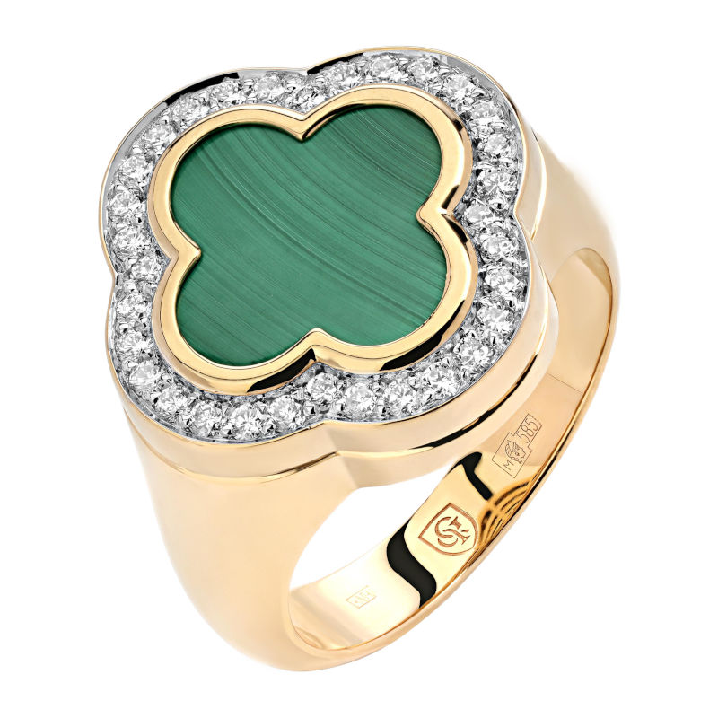 Кольцо из желтого золота 585 пробы с малахитом и бриллиантами 01К6313311-1 Кольцо из желтого золота 585 пробы с малахитом и бриллиантами 01К6313311-1