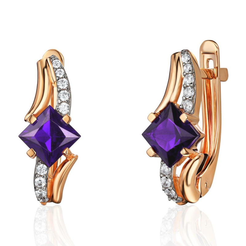 Серьги из красного золота 585 пробы с аметистами и фианитами 01С3115467Р-2