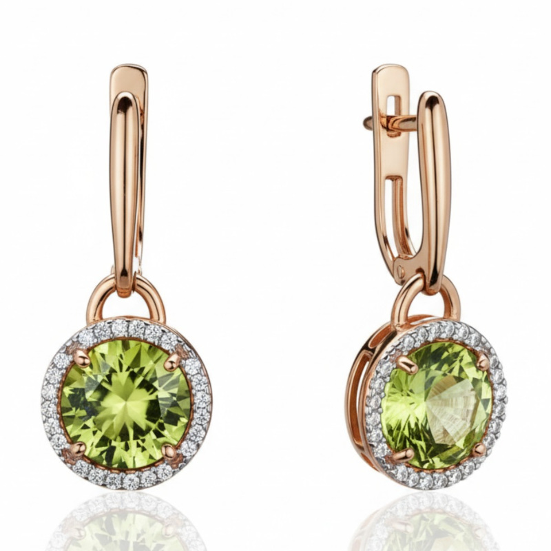 Серьги из красного золота 585 пробы с хризолитами и фианитами 01С3116435-4