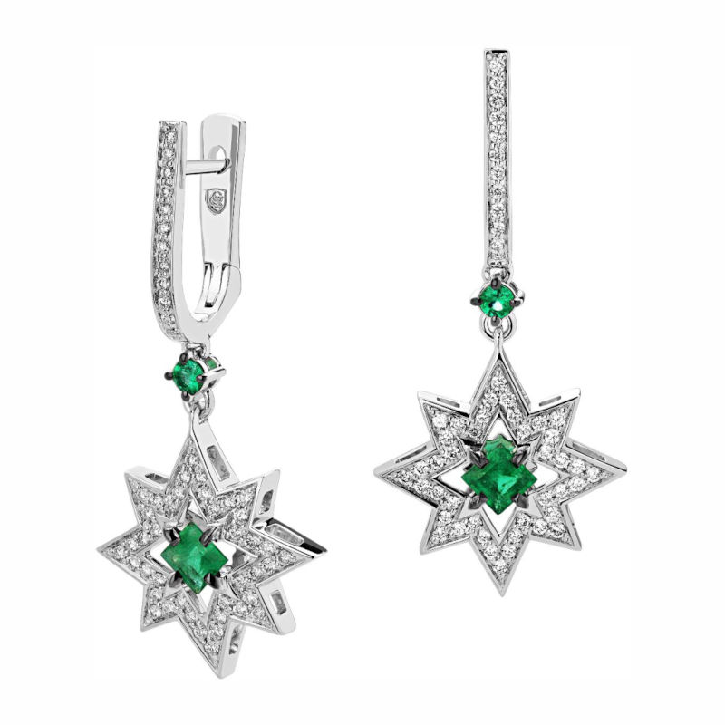 Серьги из белого золота 585 пробы с изумрудами и бриллиантами 01С6213442-2