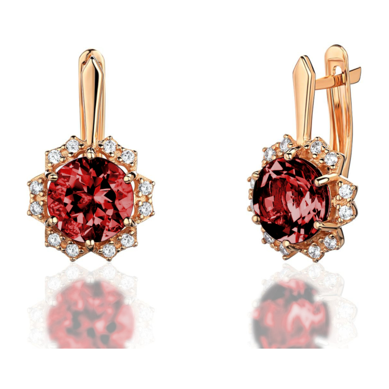 Серьги из красного золота 585 пробы с гранатом и фианитами 01С3116436-1