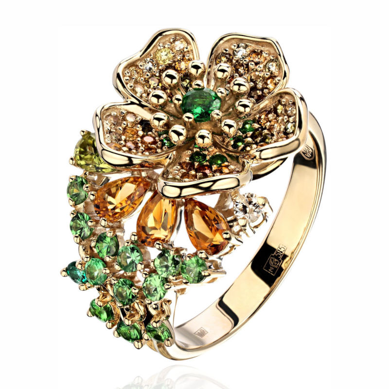 Кольцо из желтого золота 585 пробы с хризолитом, цитринами, турмалинами, тсаворитами и бриллиантом 01К6313476-2
