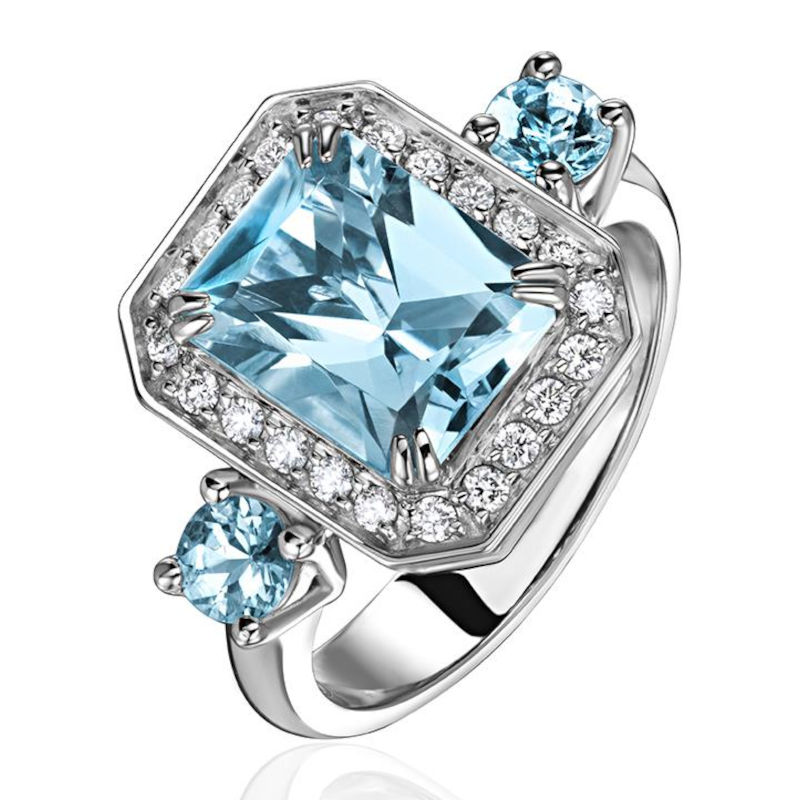 Кольцо из белого золота 585 пробы с аквамаринами и бриллиантами 01К6214619-6