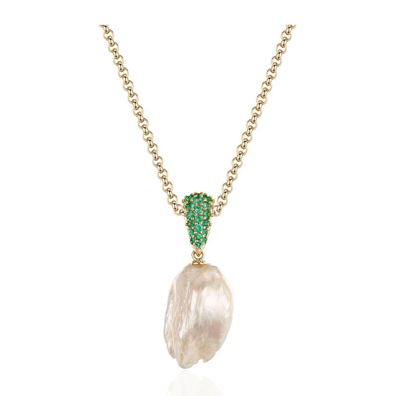 Колье из желтого золота 585 пробы с жемчугом и изумрудами 01Л532576-1