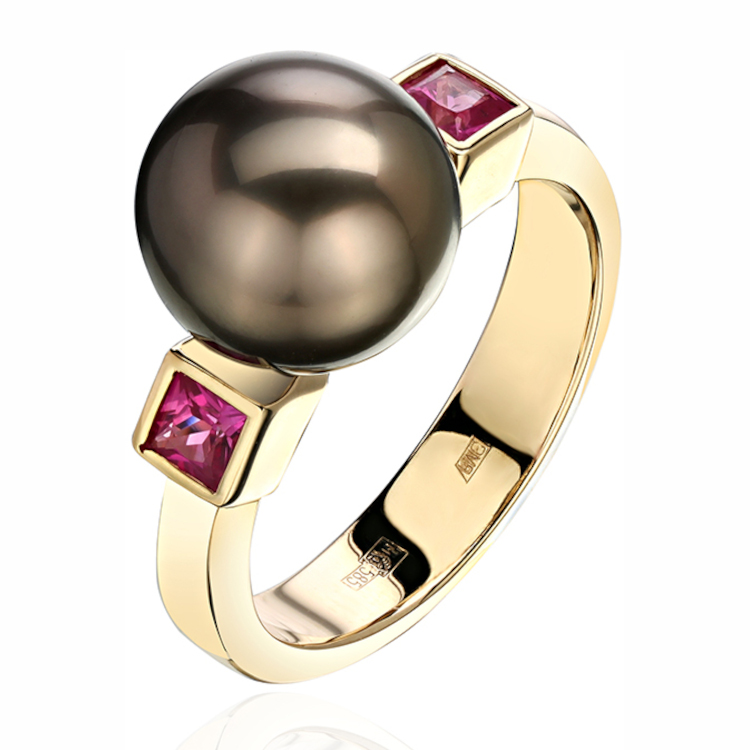 Кольцо из желтого золота 585 пробы с жемчугом и рубинами 01К5313463-2