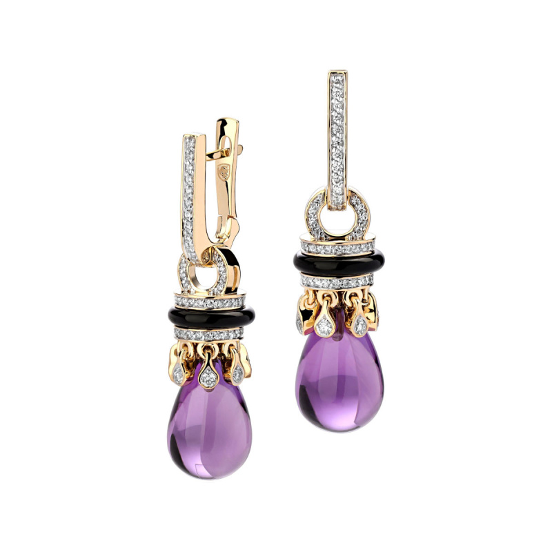 Серьги из желтого золота 585 пробы с агатами, бриллиантами и аметистами 01С6311803-3