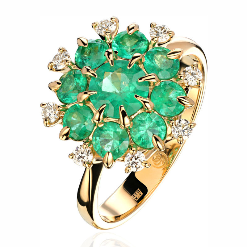 Кольцо из желтого золота 750 пробы с изумрудами и бриллиантами 01К647693-4