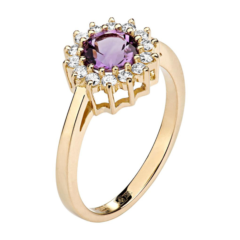 Кольцо из желтого золота 750 пробы с аметистом и бриллиантами 01К643167-1 Кольцо из желтого золота 750 пробы с аметистом и бриллиантами 01К643167-1