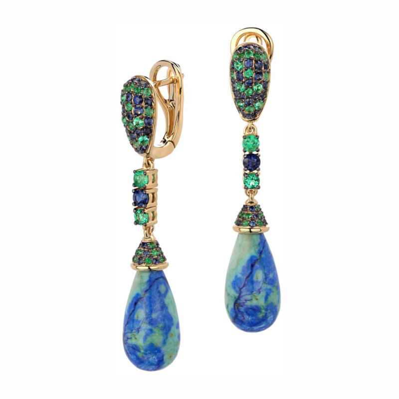 Серьги из желтого золота 585 пробы с сапфирами азуритами и изумрудами 01С5313555-1