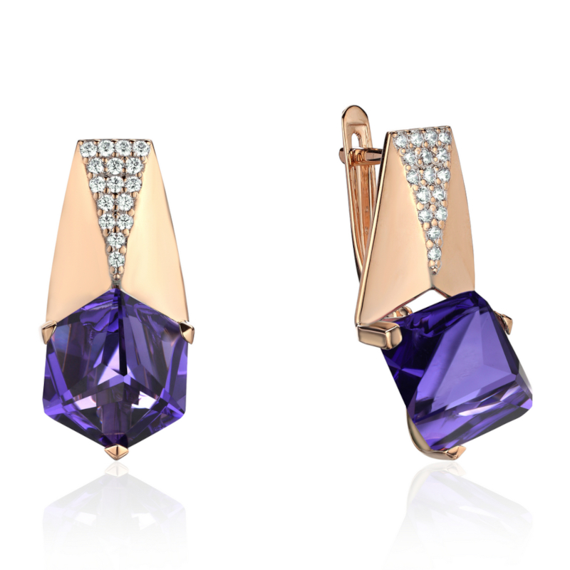 Серьги из красного золота 585 пробы с наноситал танзанитом и фианитами 01С2115257-4