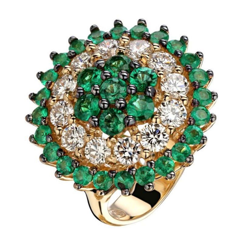 Кольцо из желтого золота 750 пробы с изумрудами и бриллиантами 01К6413982-1