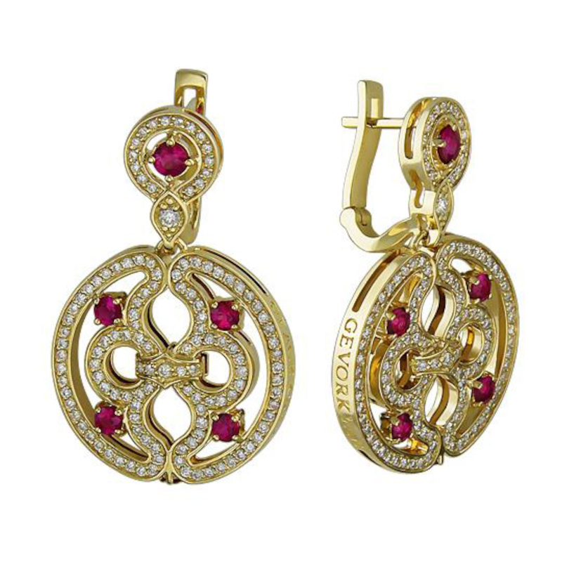 Серьги из желтого золота 750 пробы с рубинами и бриллиантами 01С647989 Серьги из желтого золота 750 пробы с рубинами и бриллиантами 01С647989