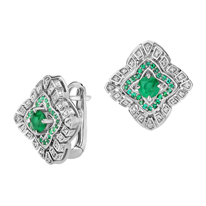 Серьги из белого золота 585 пробы с сапфирами, изумрудами и бриллиантами 01С6214047-1