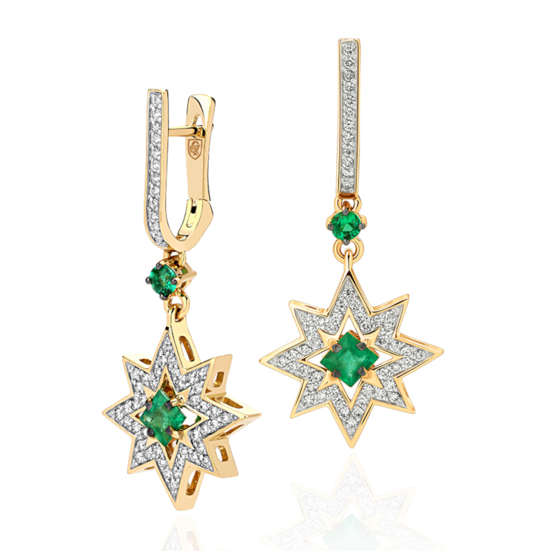 Серьги из желтого золота 585 пробы с изумрудами и бриллиантами 01С6312342-2 Серьги из желтого золота 585 пробы с изумрудами и бриллиантами 01С6312342-2