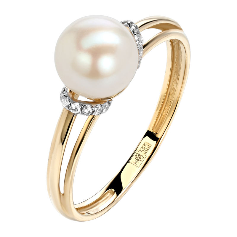 Кольцо из желтого золота 585 пробы с жемчугом и фианитами 01К3312956-1