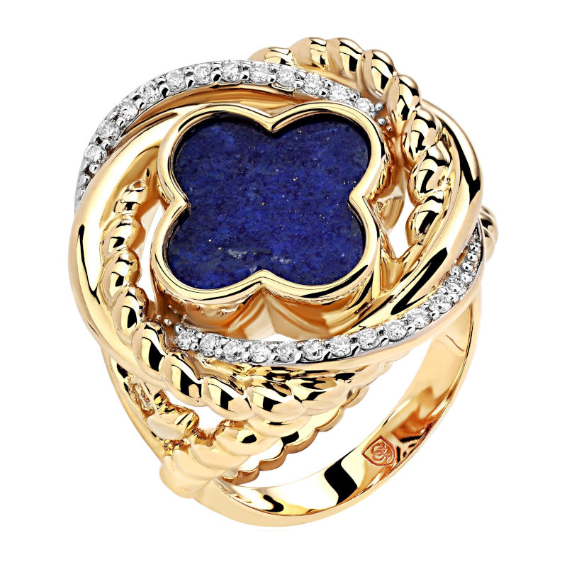 Кольцо из желтого золота 585 пробы с лазуритом и бриллиантами 01К6313308-2 Кольцо из желтого золота 585 пробы с лазуритом и бриллиантами 01К6313308-2