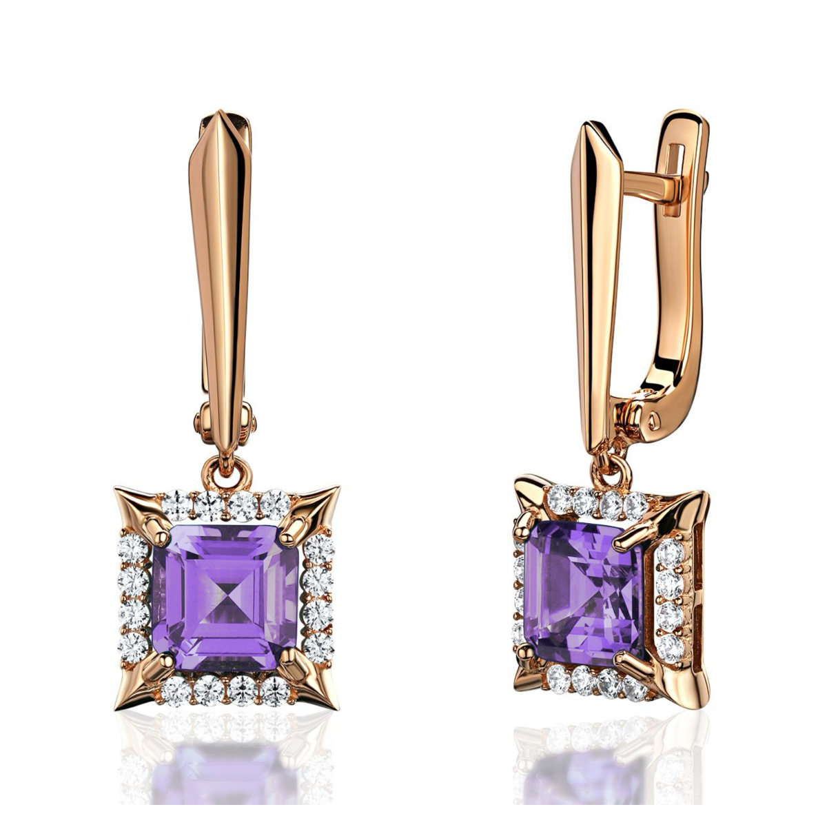 Серьги из красного золота 585 пробы с аметистами и фианитами 01С3115422-3