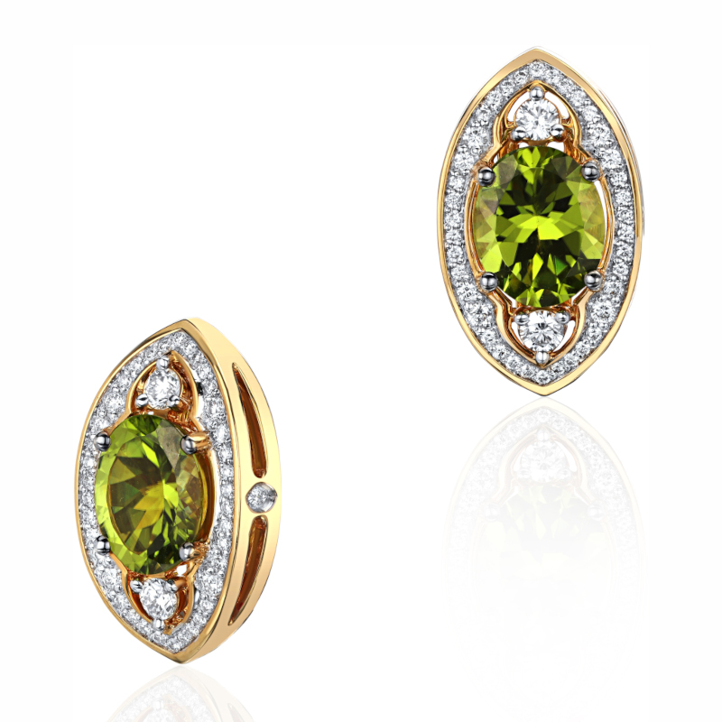 Серьги из желтого золота 750 пробы с хризолитами и бриллиантами 01С648494-2 Серьги из желтого золота 750 пробы с хризолитами и бриллиантами 01С648494-2