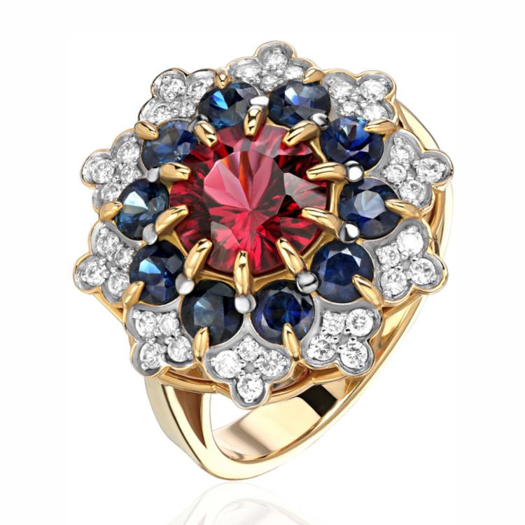Кольцо из желтого золота 750 пробы с сапфирами, родолитом и бриллиантами 01К647694-8