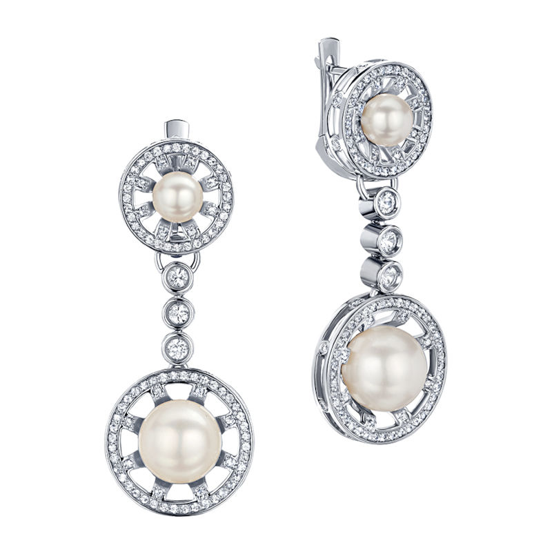 Серьги из белого золота 585 пробы с жемчугом, сапфирами и бриллиантами 01С62123216-1