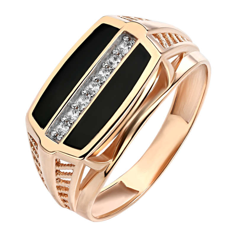 Печатка из красного золота 585 пробы с агатом и фианитами 01Т4111710-1