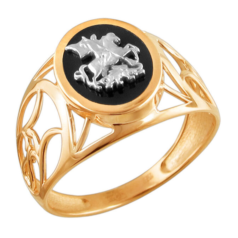 Перстень из двух цветов золота 585 пробы с ониксом 01Т4611720-1