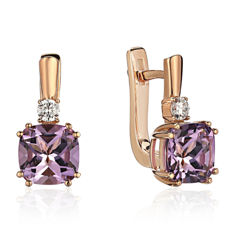 Серьги из красного золота 585 пробы с аметистами и фианитами 01С3115437-2