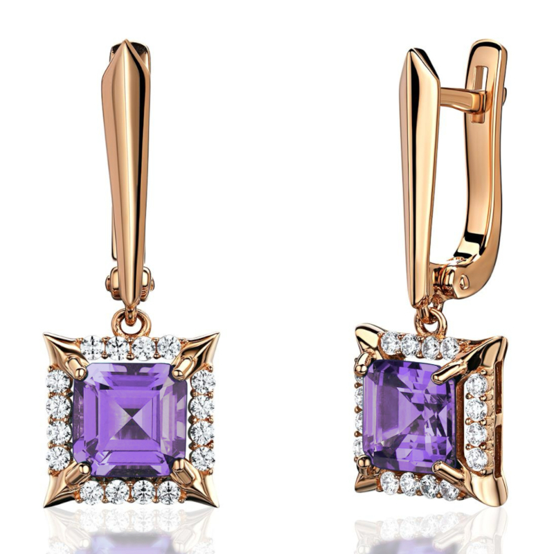 Серьги из красного золота 585 пробы с аметистами и фианитами 01С3115422-3
