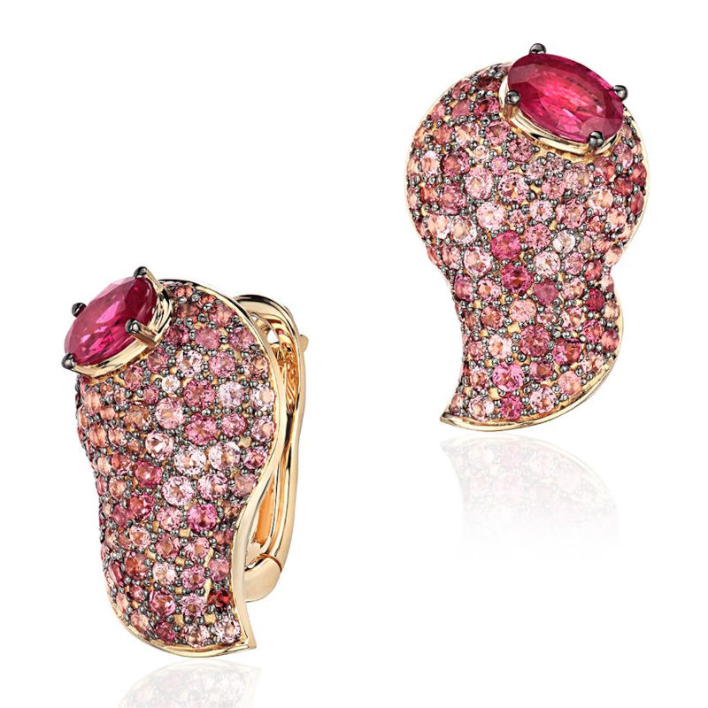 Серьги из желтого золота 585 пробы с турмалинами и рубинами 01С5317490-1
