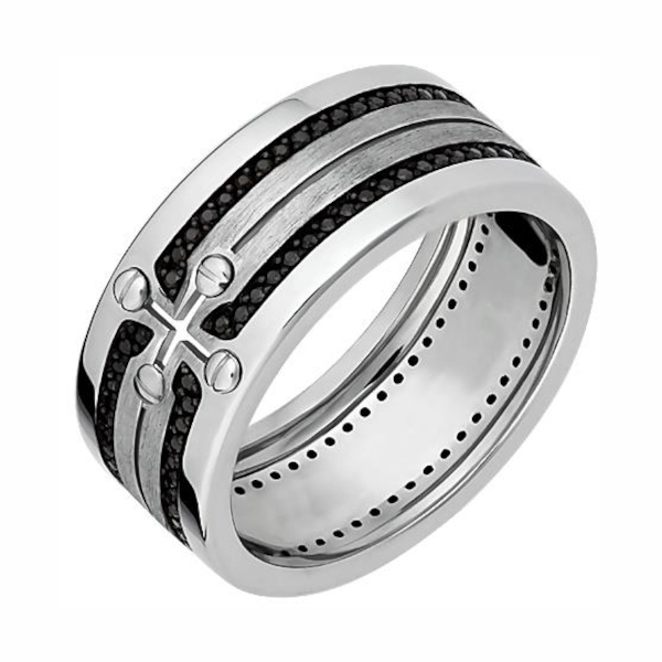 Кольцо обручальное из белого золота 585 пробы с черными бриллиантами 01О620294Ч