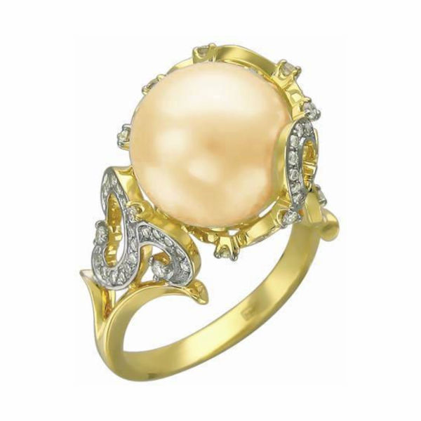 Кольцо из желтого золота 585 пробы с жемчугом и бриллиантами 01К636974-1