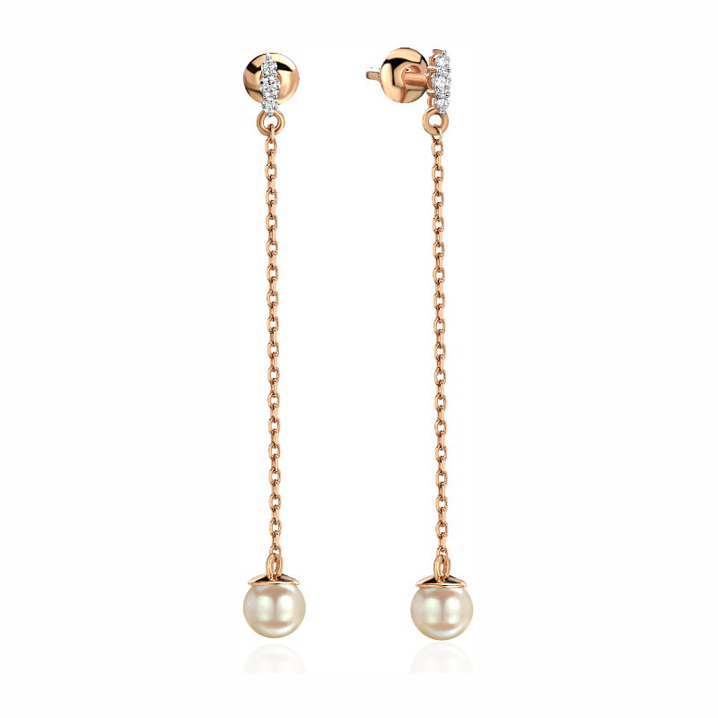 Серьги из красного золота 585 пробы с жемчугом и фианитами 01С3114290Р-1