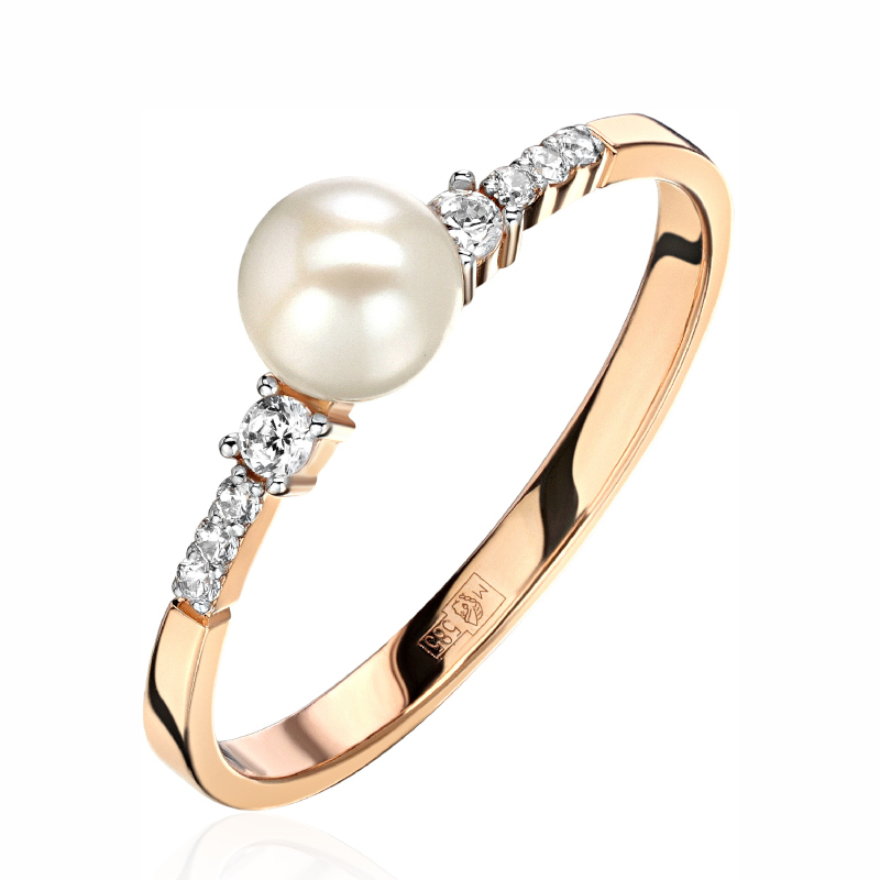 Кольцо из красного золота 585 пробы с фианитами и жемчугом 01К3114287Р-1