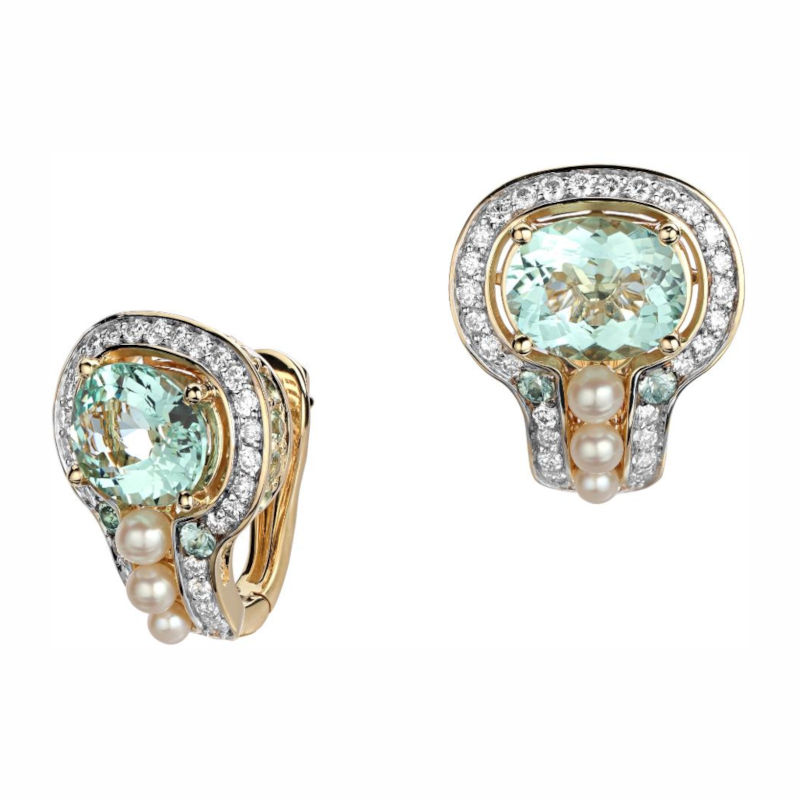 Серьги из желтого золота 585 пробы с жемчугом, аквамаринами, турмалинами, сапфирами и бриллиантами  01С6312965-2