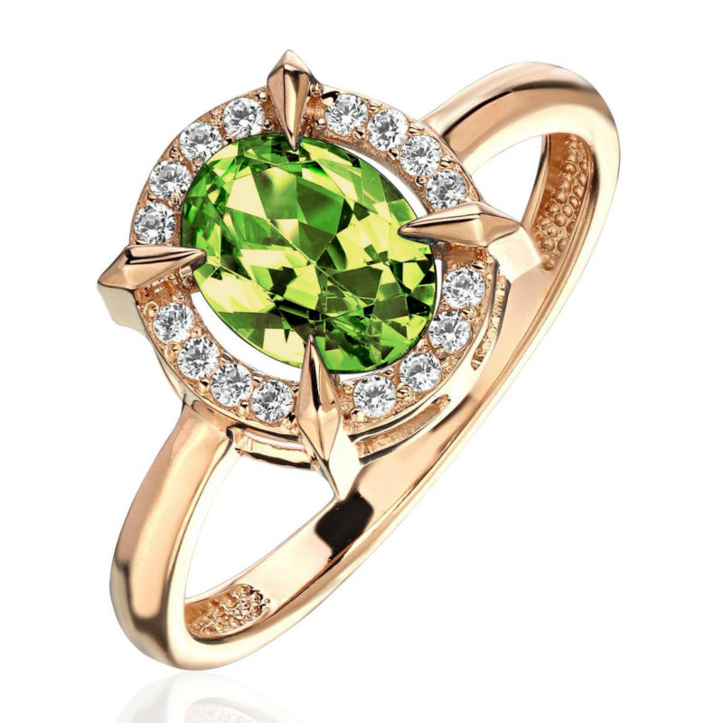 Кольцо из красного золота 585 пробы с хризолитом и фианитами 01К3115423-4