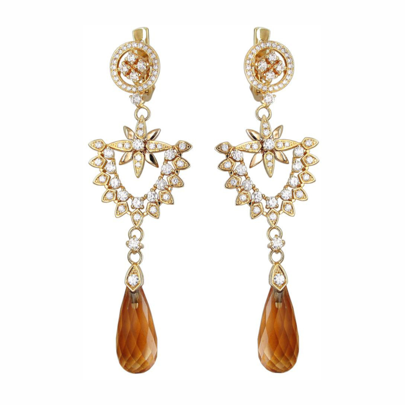 Серьги из комбинированного золота 750 пробы с цитринами и бриллиантами 01С685103-1 Серьги из комбинированного золота 750 пробы с цитринами и бриллиантами 01С685103-1