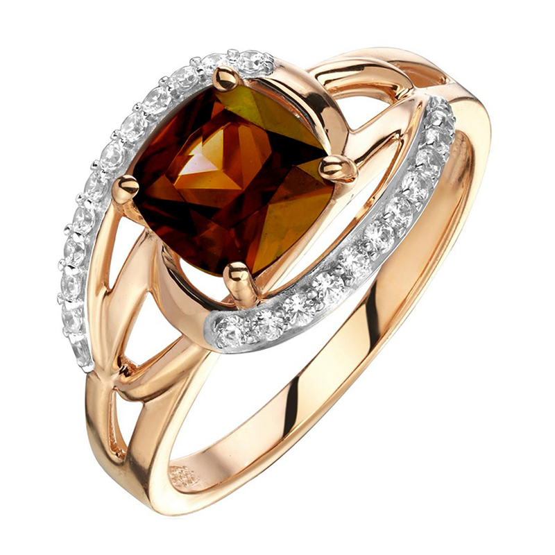 Кольцо из красного золота 585 пробы с раух-топазом и фианитами 01К3115322Р-4