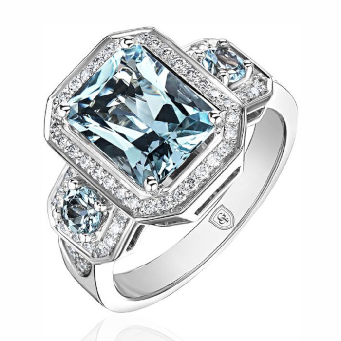Кольцо из белого золота 750 пробы с аквамаринами и бриллиантами 01К6713985-7