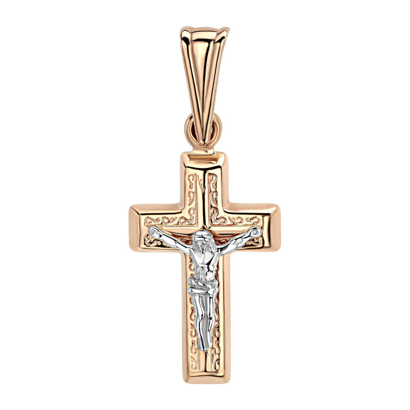 Крест нательный из двух цветов золота 585 пробы без вставок 01Р060718