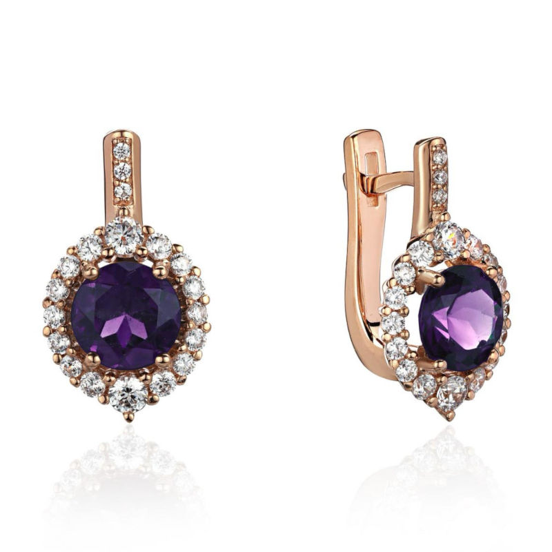 Серьги из красного золота 585 пробы с аметистами и фианитами 01С3116531-4