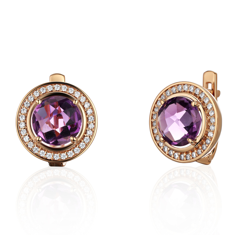 Серьги из красного золота 585 пробы с аметистами и фианитами 01С3115407-1