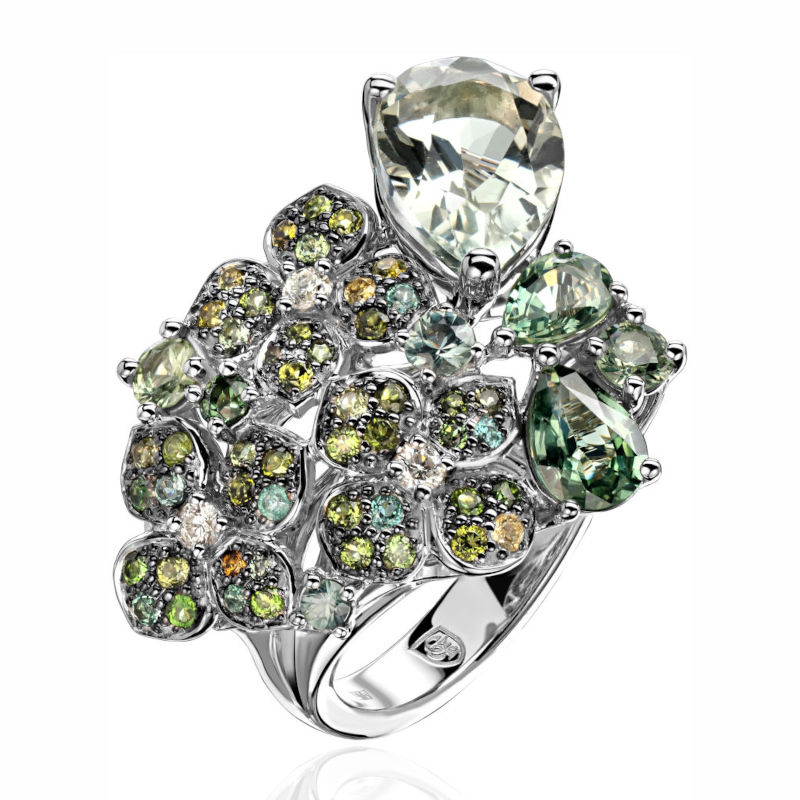 Кольцо из белого золота 585 пробы с празеолитом, сапфиром, бриллиантами и турмалинами 01К6213501-3